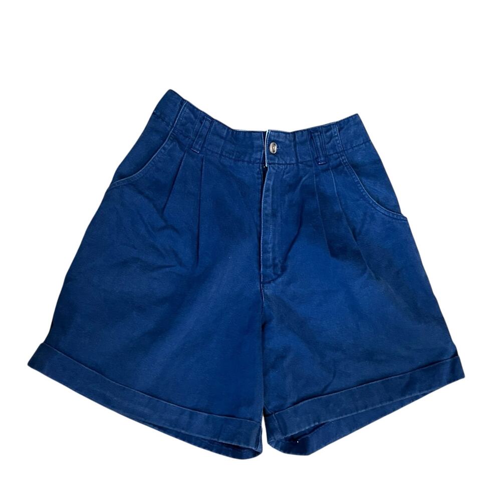 Vintage Navy Cotton Bermuda Shorts Small Pleated High Waist Cuffed Shorts -